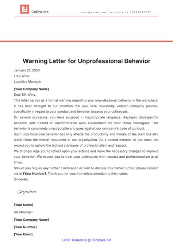 How do you write a warning letter for unprofessional behavior?