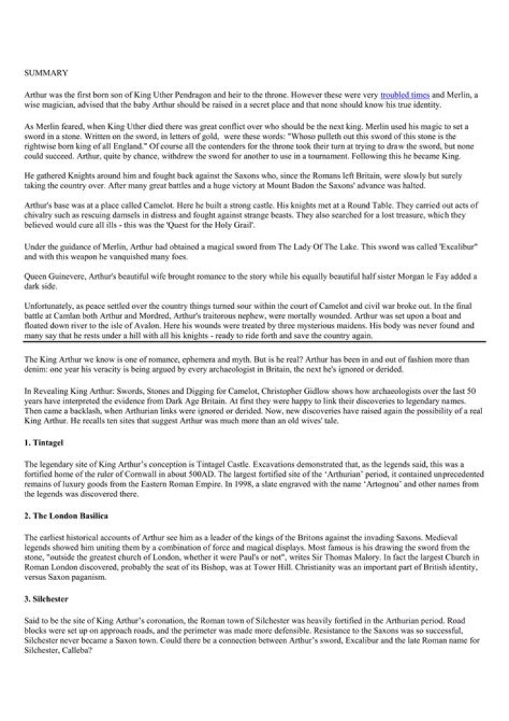 Was there a real King Arthur summary?