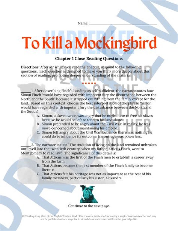 What are good questions to ask about To Kill a Mockingbird Chapter 1?