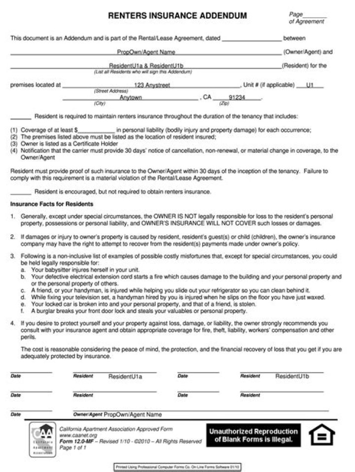 What is a renters insurance addendum?