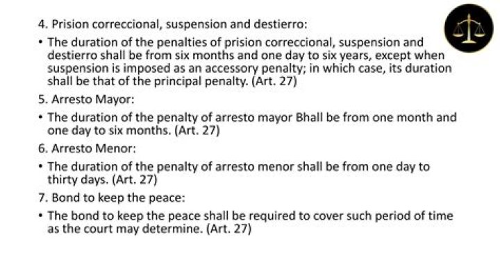 What is the duration of penalty of arresto mayor?